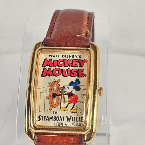 Lorus Disney Mickey Mouse Watch Steamboat Willie 27mm Leather Strap Vintage - Picture 2 of 11